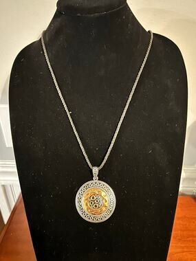 Lia Sophia Mixed Metal Medallion Necklace Silver Tone Gold Textured Disc
